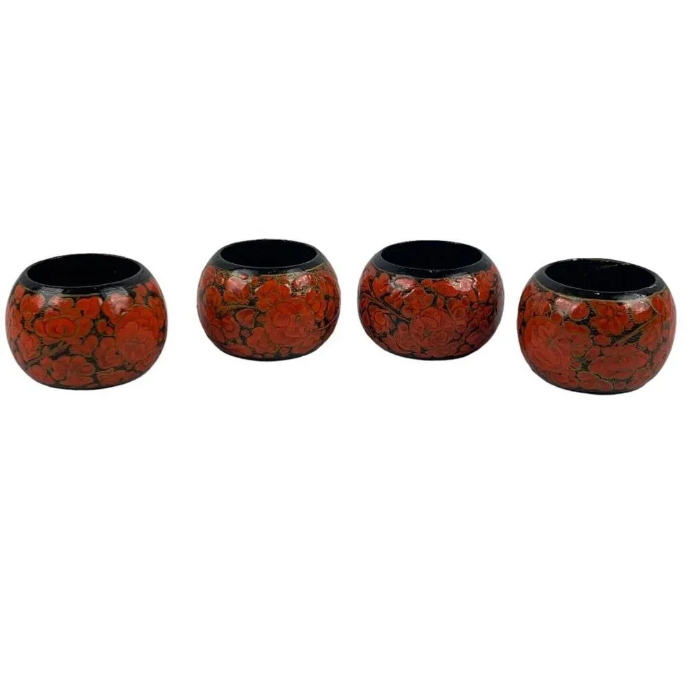 Vintage Floral Painted Wood Napkin Rings Orange Black Set of 4 Boho